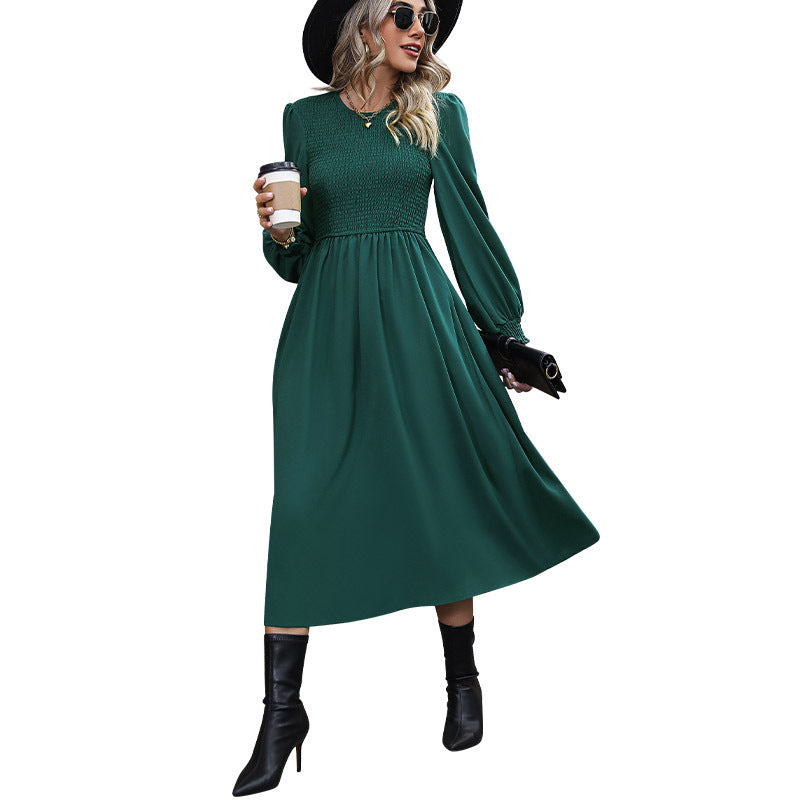 Damen Midikleid mit Smokoberteil, langen Ballonärmeln und ausgestelltem Rock Echoarchiv