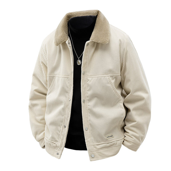 Men's ribbed corduroy snap-front workwear jacket with sherpa-lined collar and angled hand pockets – Taviero