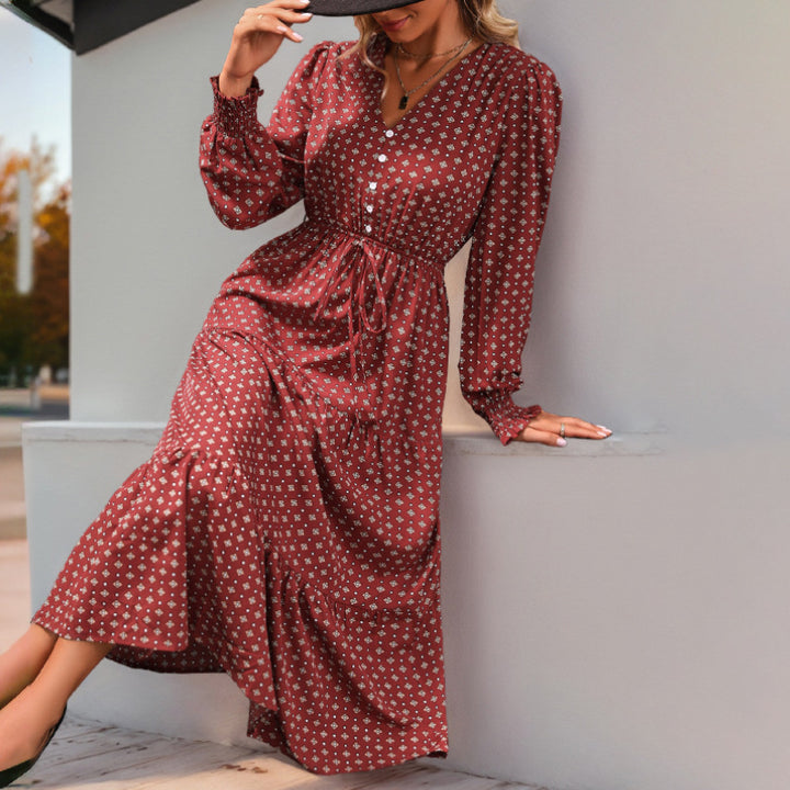 Damen Midikleid mit V-Ausschnitt, Smok-Taille, Stufensaum und floralem Allover-Print – Élara