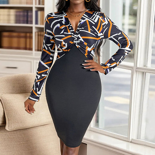 Damen Figurbetontes Wickelkleid mit grafischem Print-Oberteil und Bleistiftrock Echoarchiv