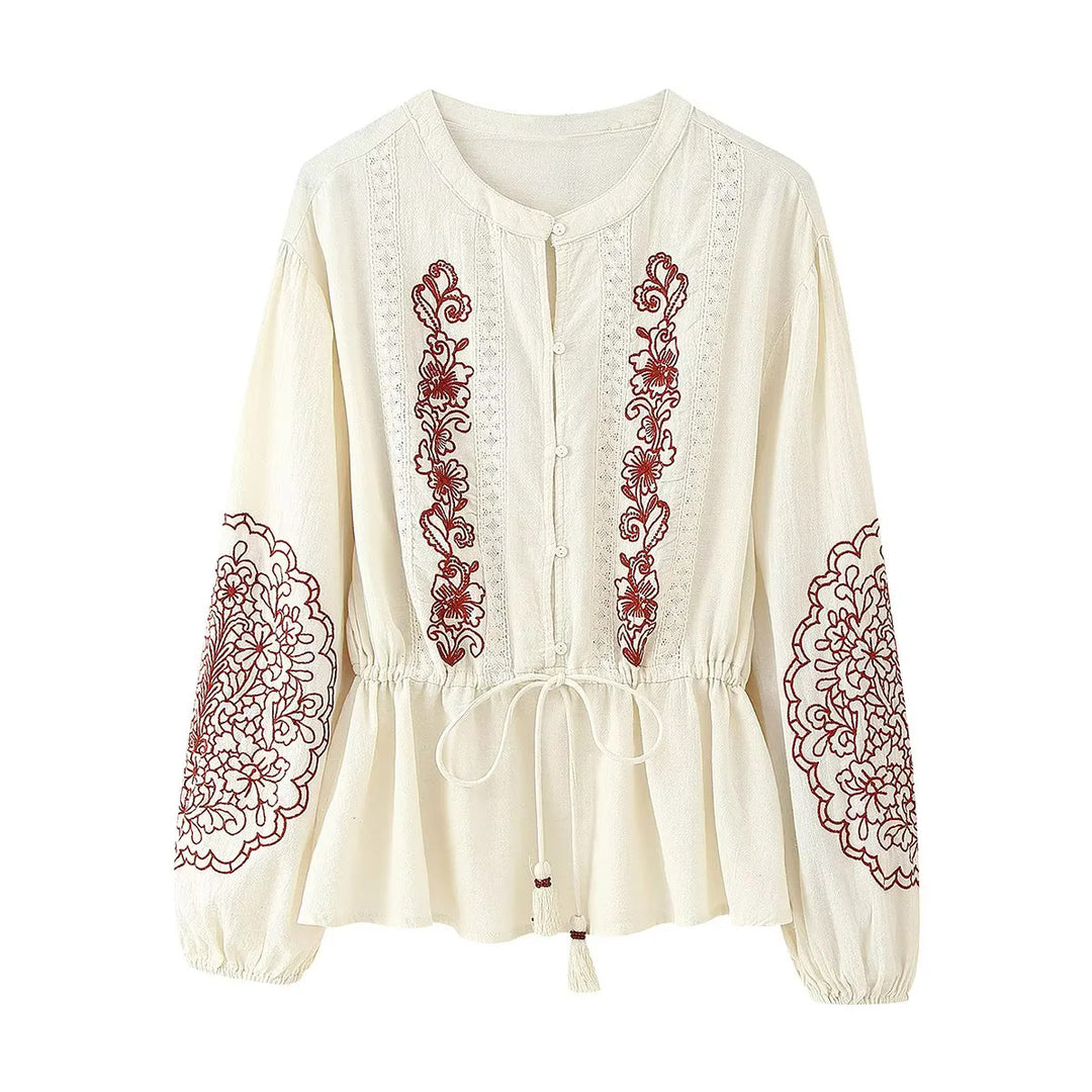 Damen nan bestickte Boho-Bluse mit Tunnelzugtaillierung, Spitzenbesatz und Volantbund Echo Archiv