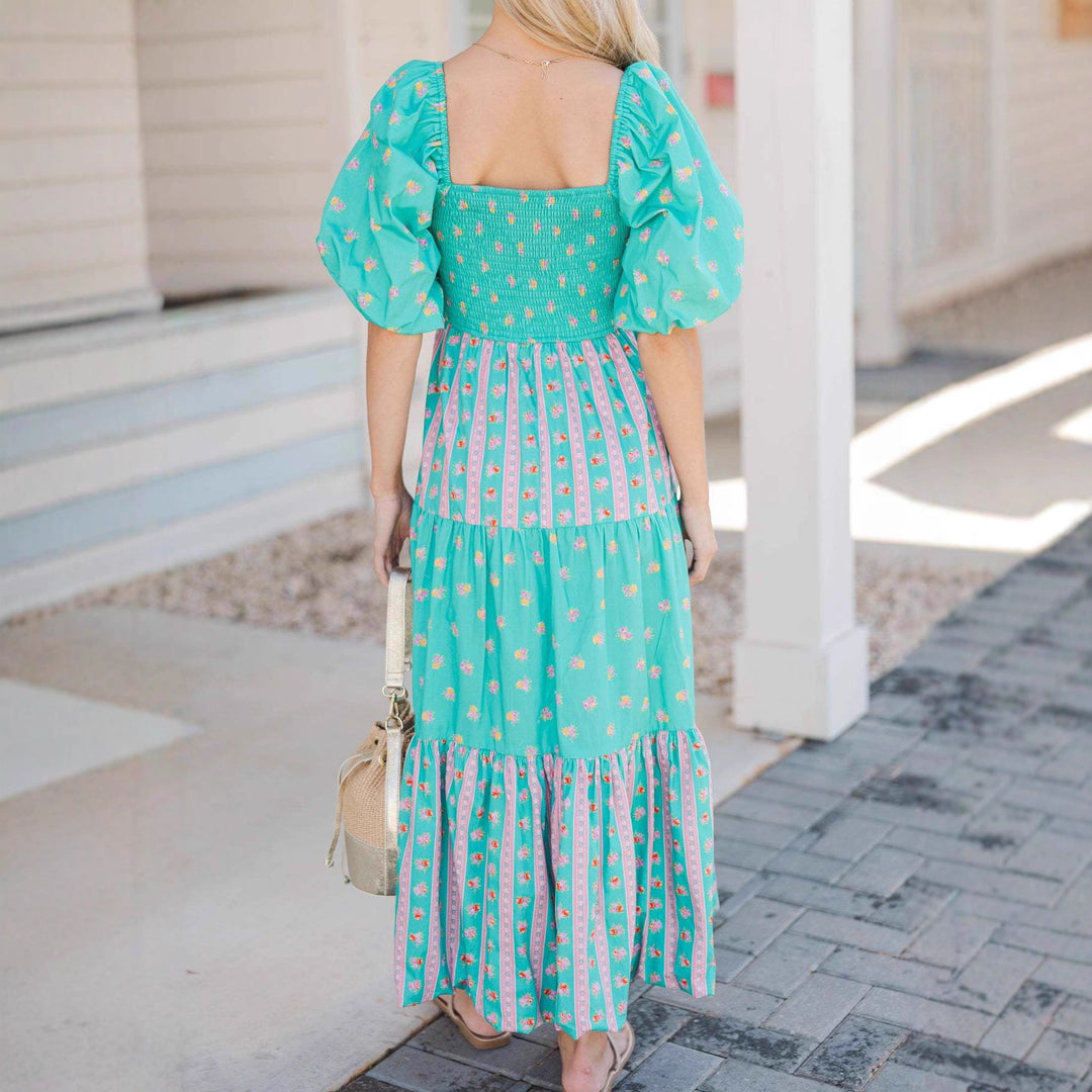 Damen Maxikleid mit gerafftem Oberteil und voluminösen Puffärmeln Echo Archiv