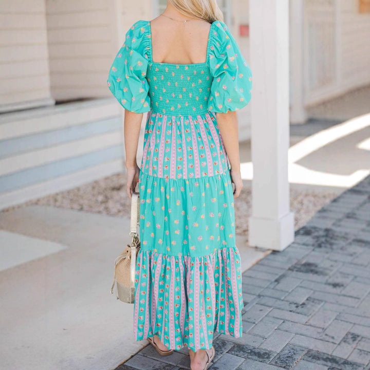 Damen Maxikleid mit gerafftem Oberteil und voluminösen Puffärmeln Echo Archiv