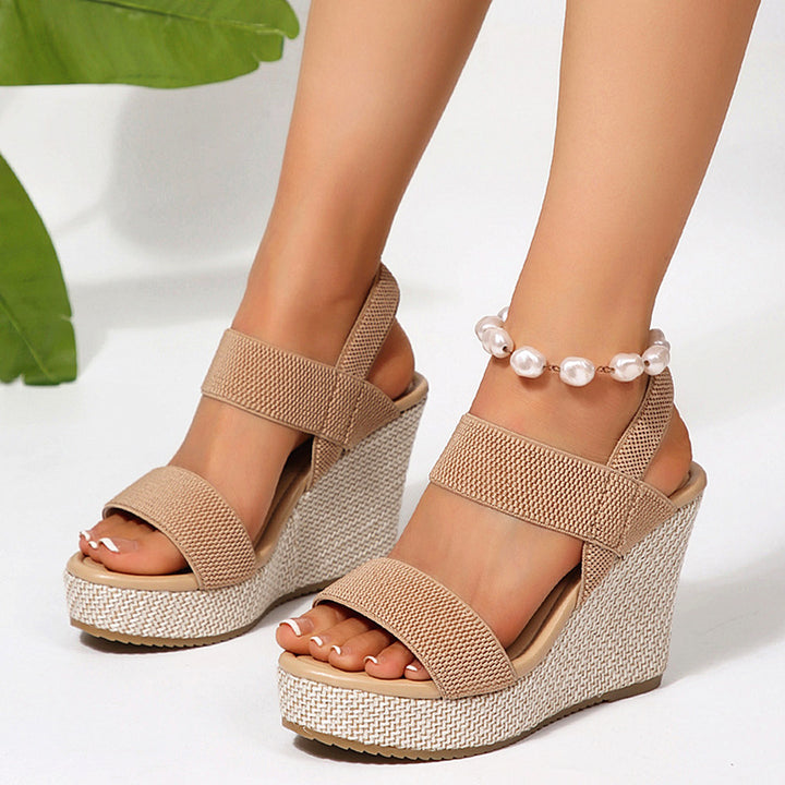 Damen nan Keilabsatz-Sandalen mit elastischen Textilriemen und geflochtenem Bast-Plateau Echo Archiv