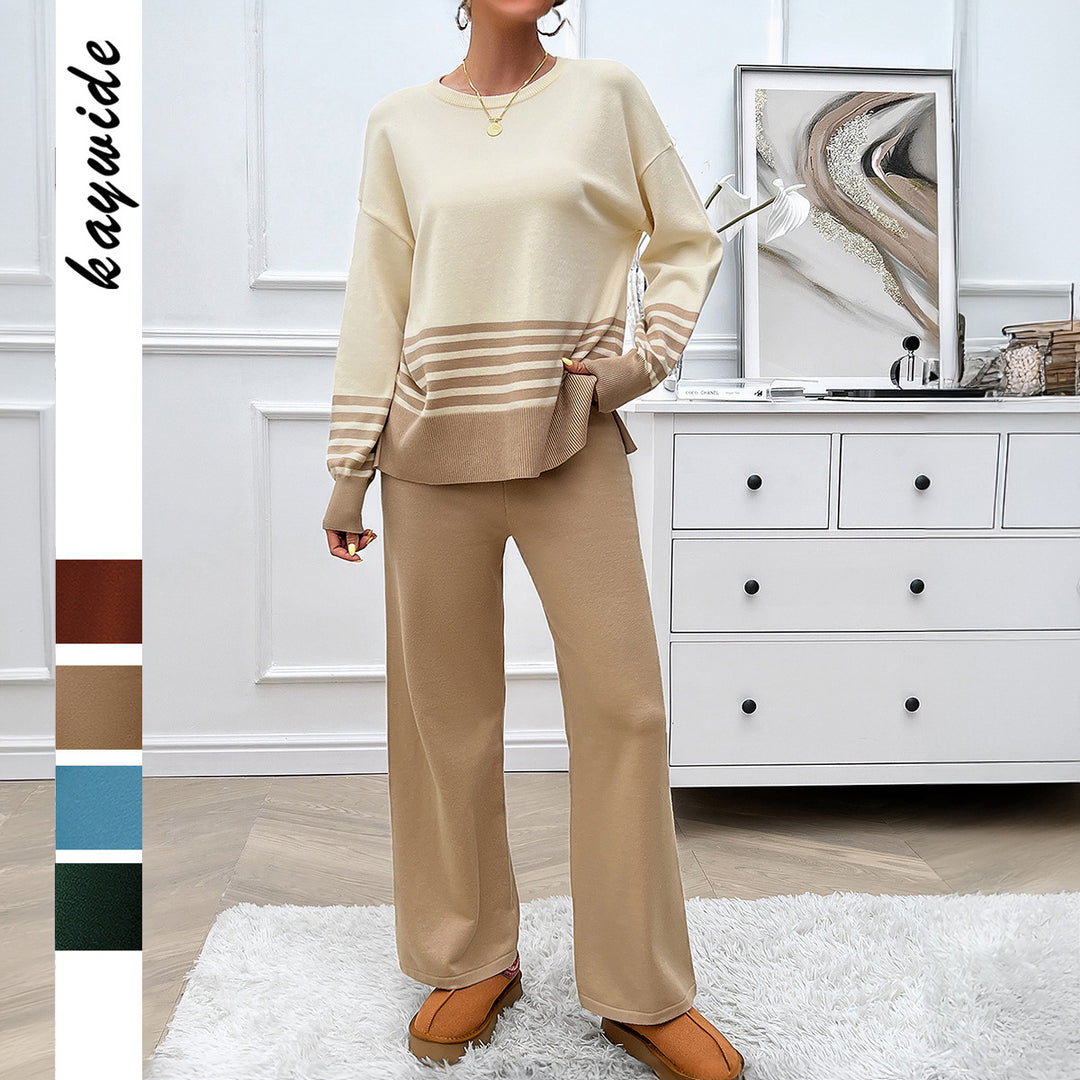 Damen nan lässiges Strick-Lounge-Set mit gestreiftem Rundhals-Pullover, Raglanärmeln und weiten taillenhohen Hosen Echo Archiv