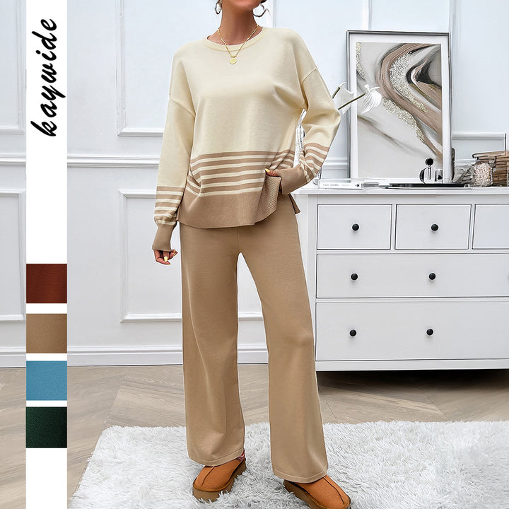 Damen nan lässiges Strick-Lounge-Set mit gestreiftem Rundhals-Pullover, Raglanärmeln und weiten taillenhohen Hosen Echo Archiv