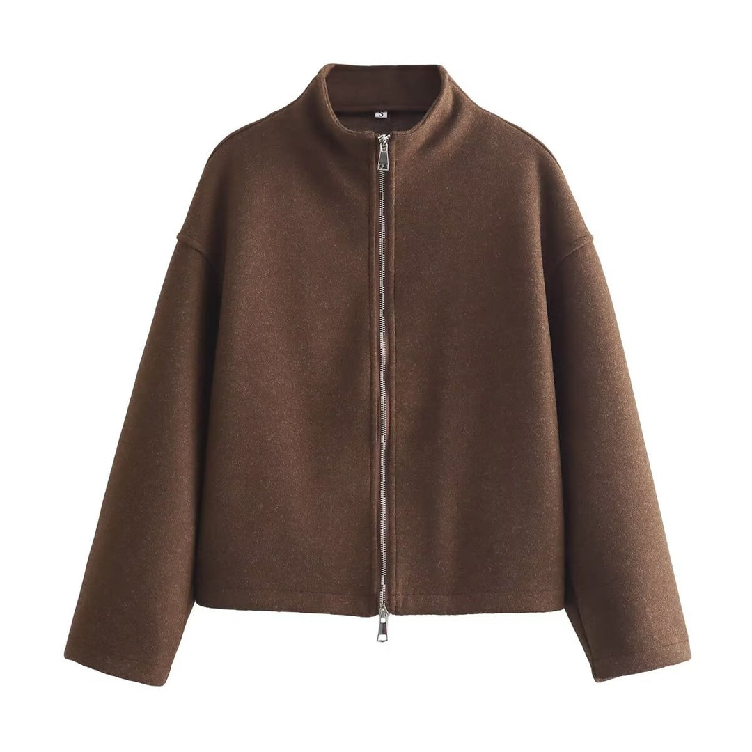 Damen kurz geschnittene Wolloptik-Zipjacke mit Stehkragen und Oversize-Ärmeln – Célinea