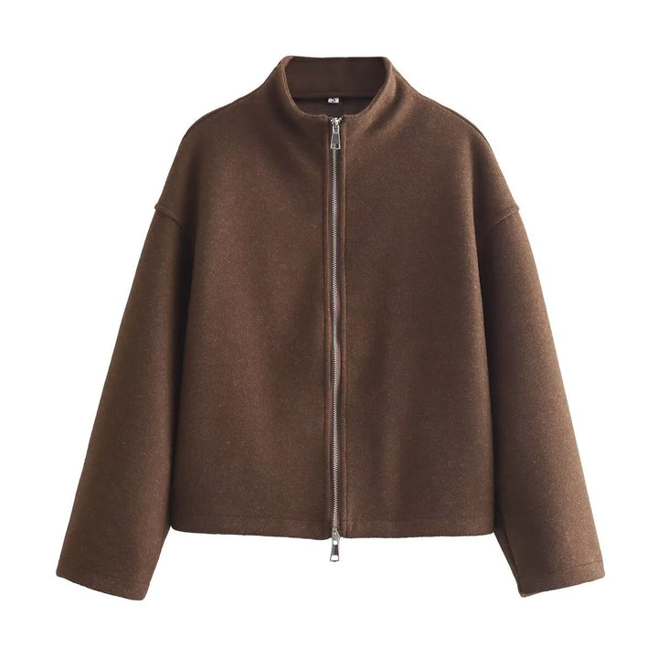 Damen kurz geschnittene Wolloptik-Zipjacke mit Stehkragen und Oversize-Ärmeln – Célinea