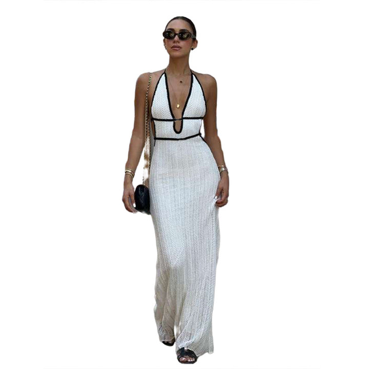 Damen Strick Maxikleid mit tiefem V-Ausschnitt und Bindebändern Echo Archiv
