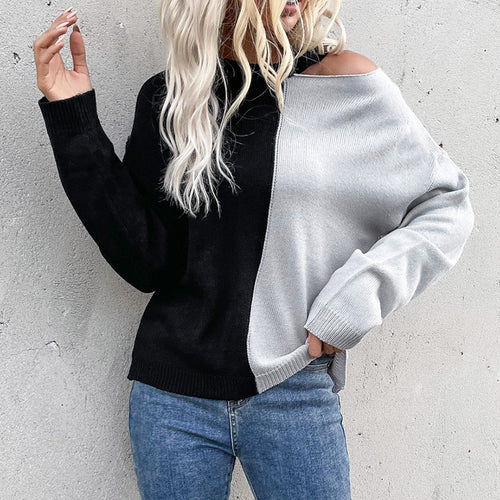Damen Asymmetrischer Colorblock-Pullover mit Cut-Out-Schulter und Oversize-Feinstrick Echoarchiv