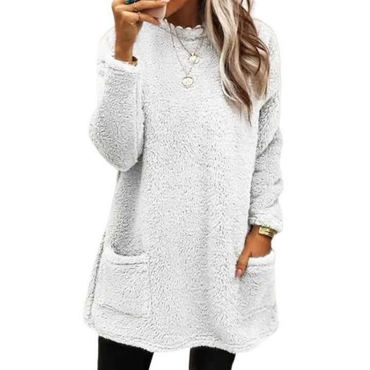 Damen nan kuscheliger langer Teddy-Pullover Oversize mit Rundhalsausschnitt und Eingrifftaschen Echo Archiv