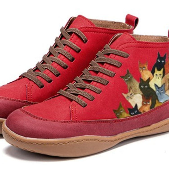 Damen Hochgeschnittene Leder-Sneaker mit handbemaltem Katzenmotiv und ergonomischer Laufsohle Echo Archiv