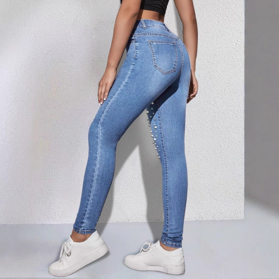 Damen Hochgeschnittene Sculpting-Skinny-Jeans mit asymmetrischem Perlenmuster Echo Archiv