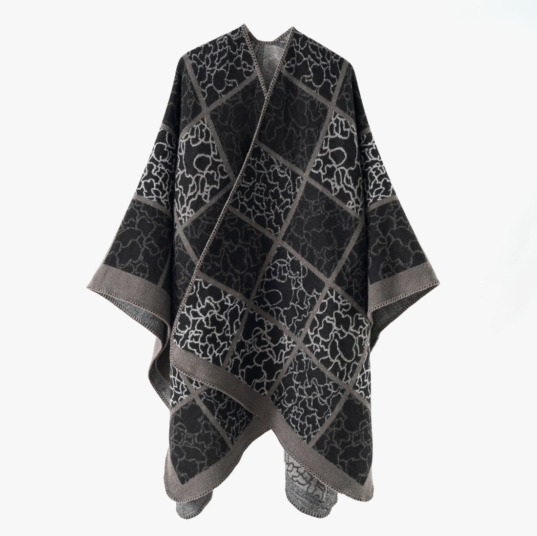 Damen Cape‑Überwurf aus Wollmix mit grafischem Karo‑Jacquard und offener Kimono‑Silhouette – Montévia