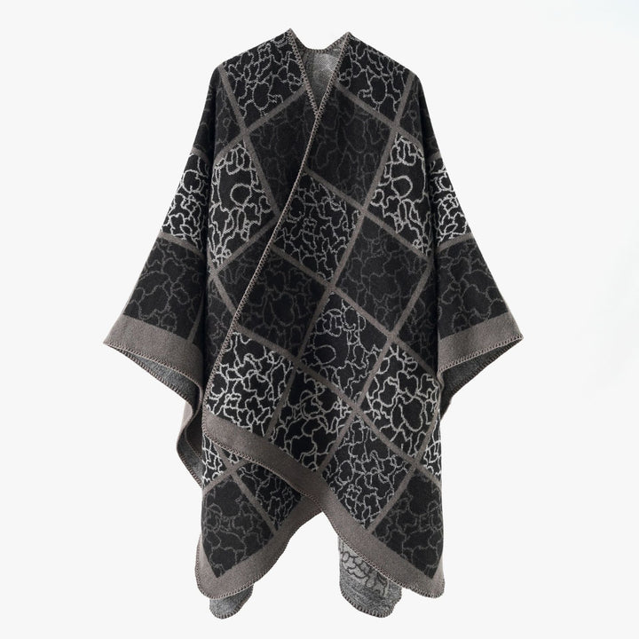 Damen Cape‑Überwurf aus Wollmix mit grafischem Karo‑Jacquard und offener Kimono‑Silhouette – Montévia