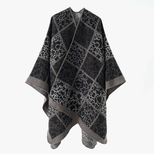 Damen Cape‑Überwurf aus Wollmix mit grafischem Karo‑Jacquard und offener Kimono‑Silhouette – Montévia