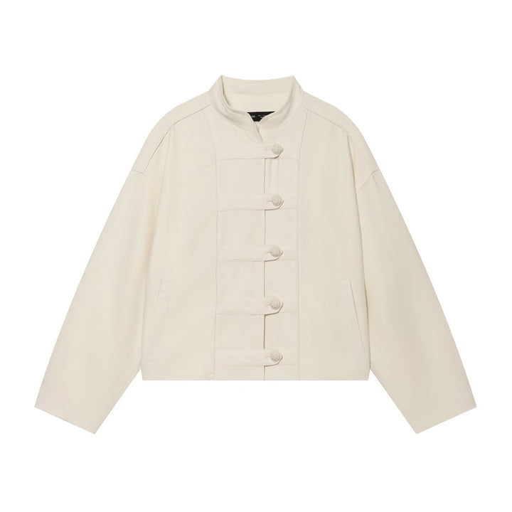 Damen Kurze Boxy‑Jacke im Mandarinstil mit dekorativen Stoffknotenverschlüssen Echoarchiv