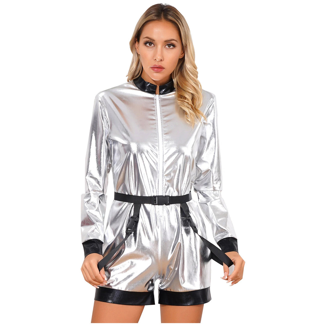 Damen Futuristischer Glanz-Jumpsuit mit Reißverschluss und abnehmbarem Gürtel Echo Archiv