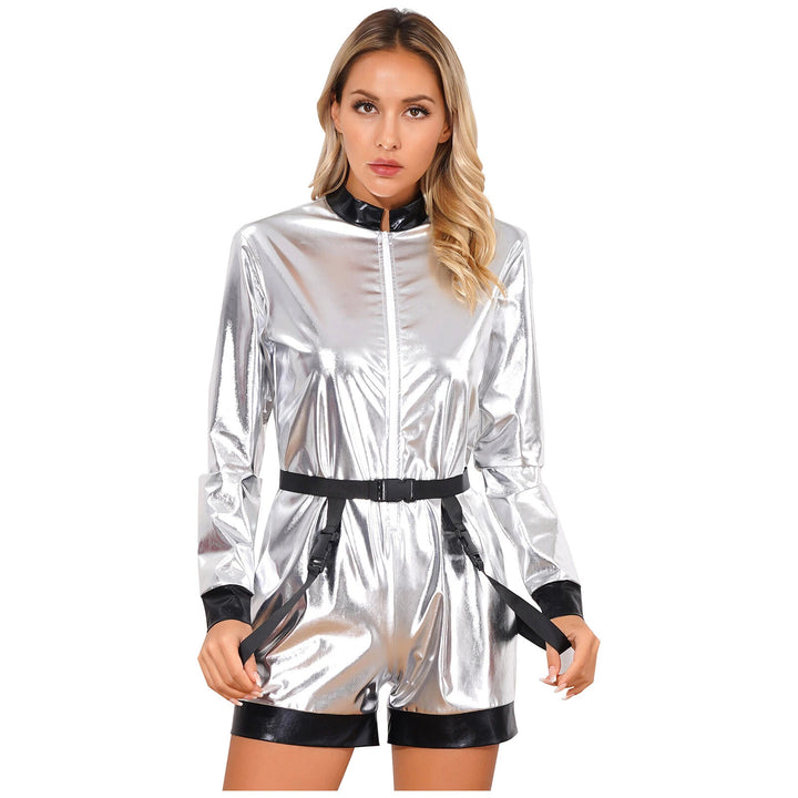Damen Futuristischer Glanz-Jumpsuit mit Reißverschluss und abnehmbarem Gürtel Echo Archiv