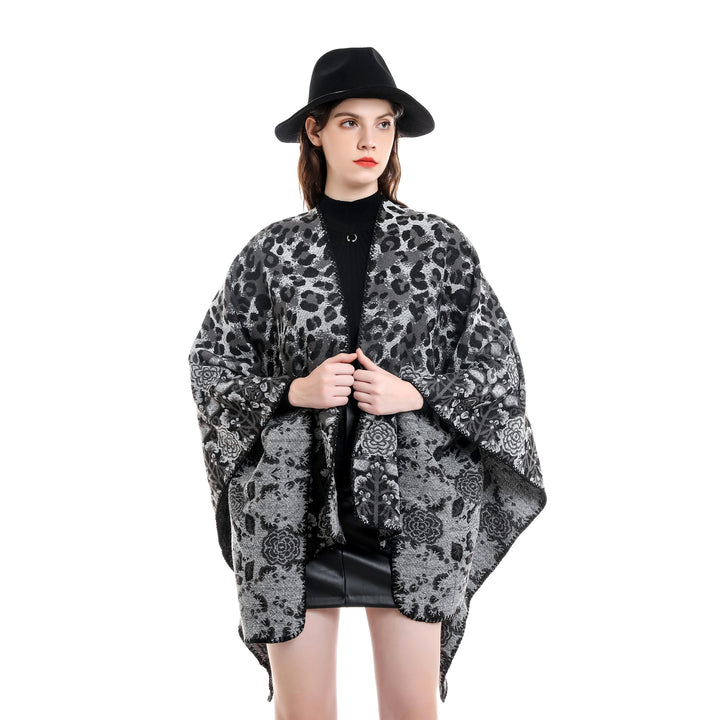 Damen Jacquard-Überwurfponcho im kastigen Kimono-Fall mit floral-animalischem Muster Echo Archiv