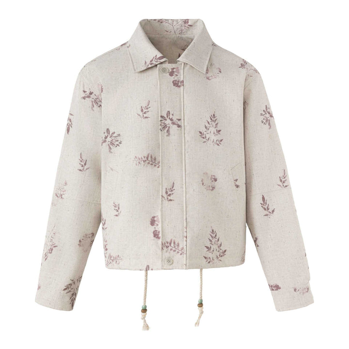 Damen Kurzer floraler Leinenblouson mit Kordelzug, verdeckter Knopfleiste und Hemdkragen Echoarchiv