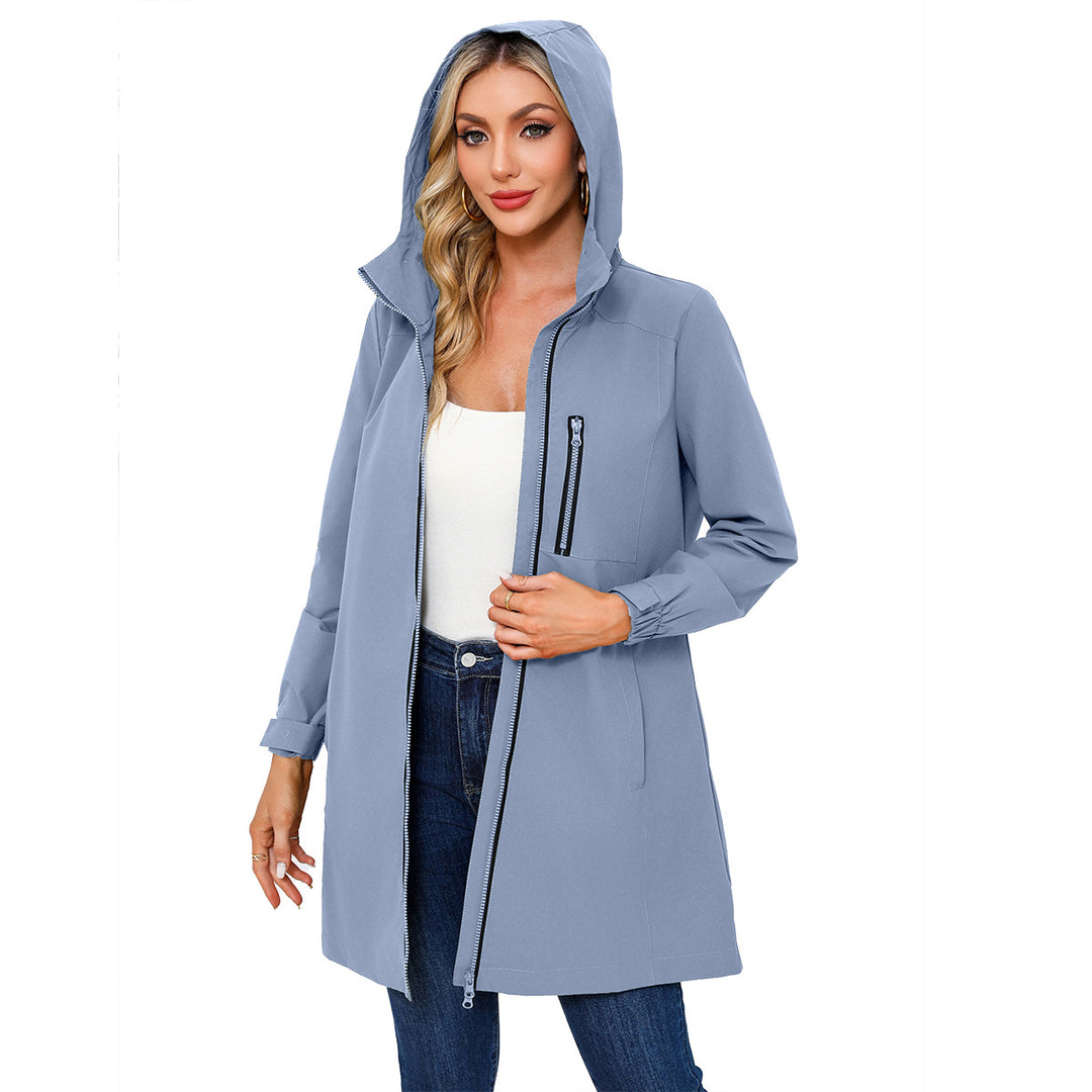 Damen nan lange schlanke Funktionsregenjacke mit durchgehendem Reißverschluss Brustreißverschlusstasche und Klettmanschetten Echo Archiv