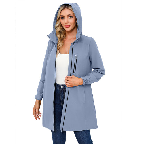 Damen nan lange schlanke Funktionsregenjacke mit durchgehendem Reißverschluss Brustreißverschlusstasche und Klettmanschetten Echo Archiv