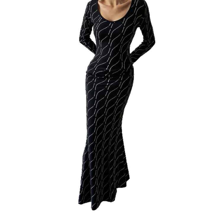Damen nan langärmeliges Bodycon-Mermaid-Abendkleid mit Wellen-Strassbesatz Echo Archiv