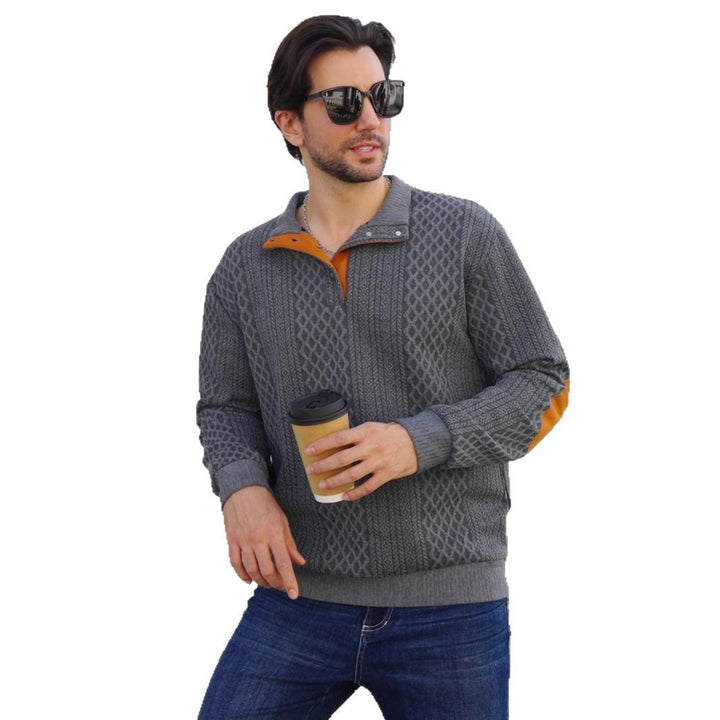 Herren nan strukturierter Henley-Pullover mit Stehkragen, Knopfleiste und Lederoptik-Ellbogenbesatz Echo Archiv