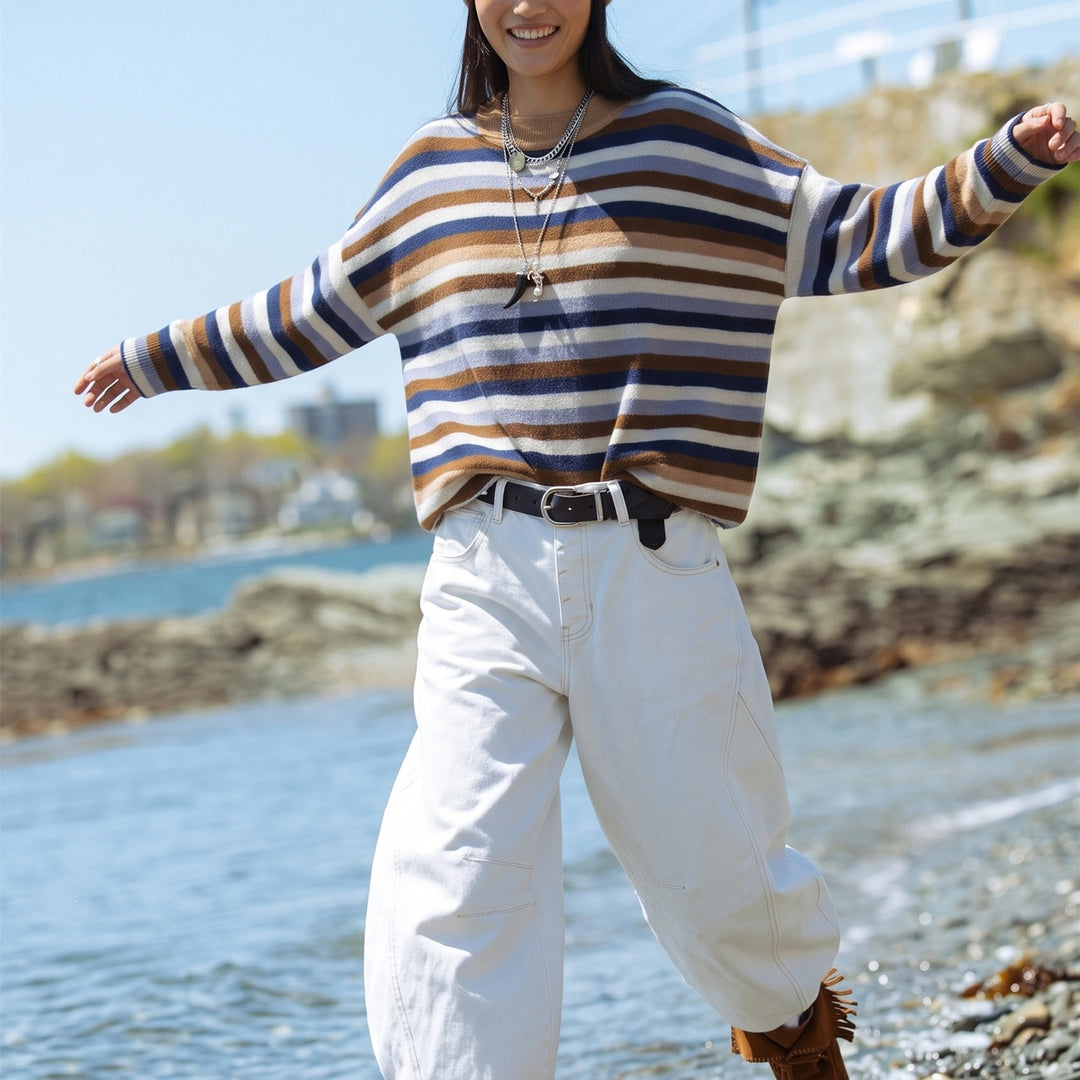 Damen Gestreifter Strickpullover mit Polokragen & Knopfleiste Echoarchiv