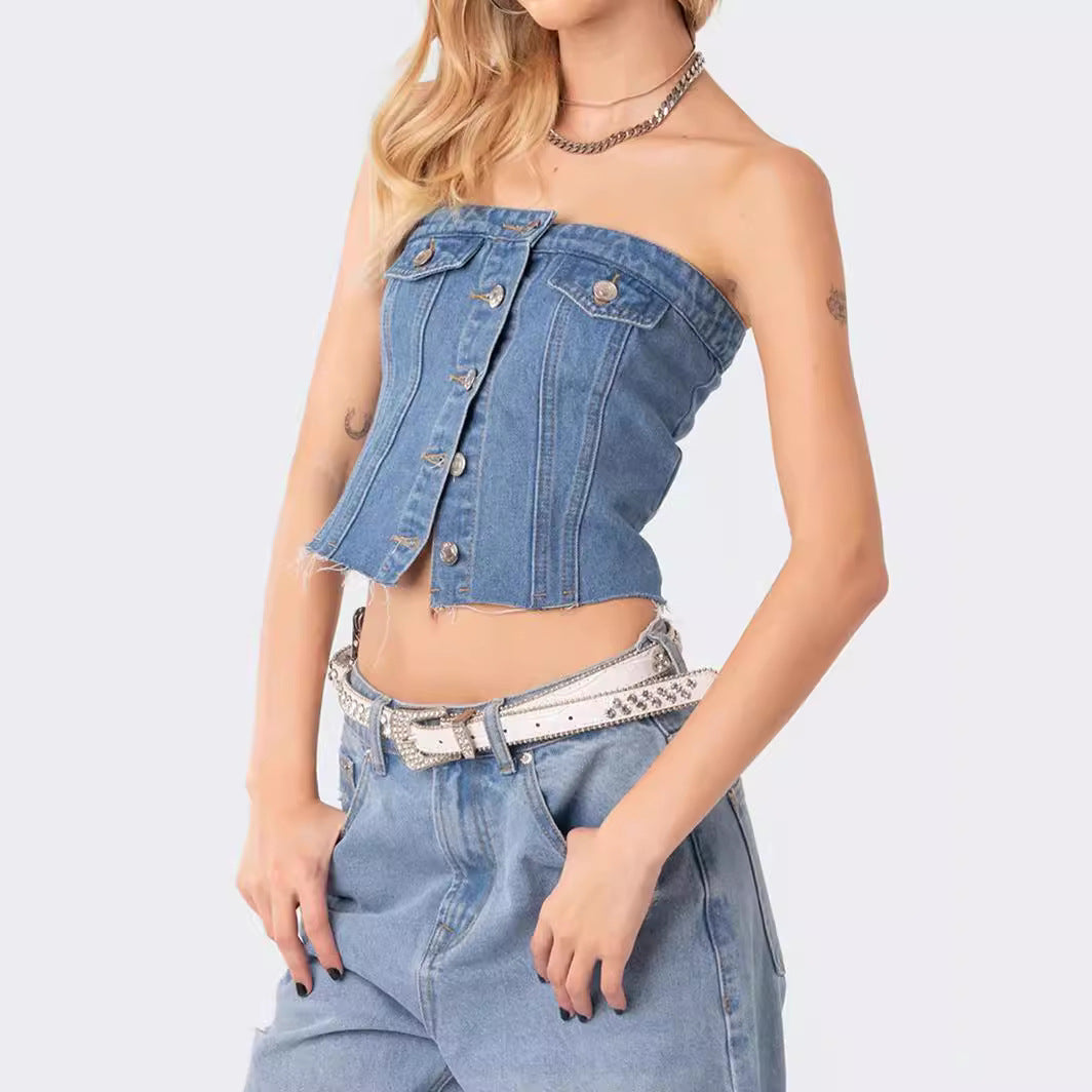 Damen Denim-Crop-Top mit gestricktem Überwurf Echo Archiv
