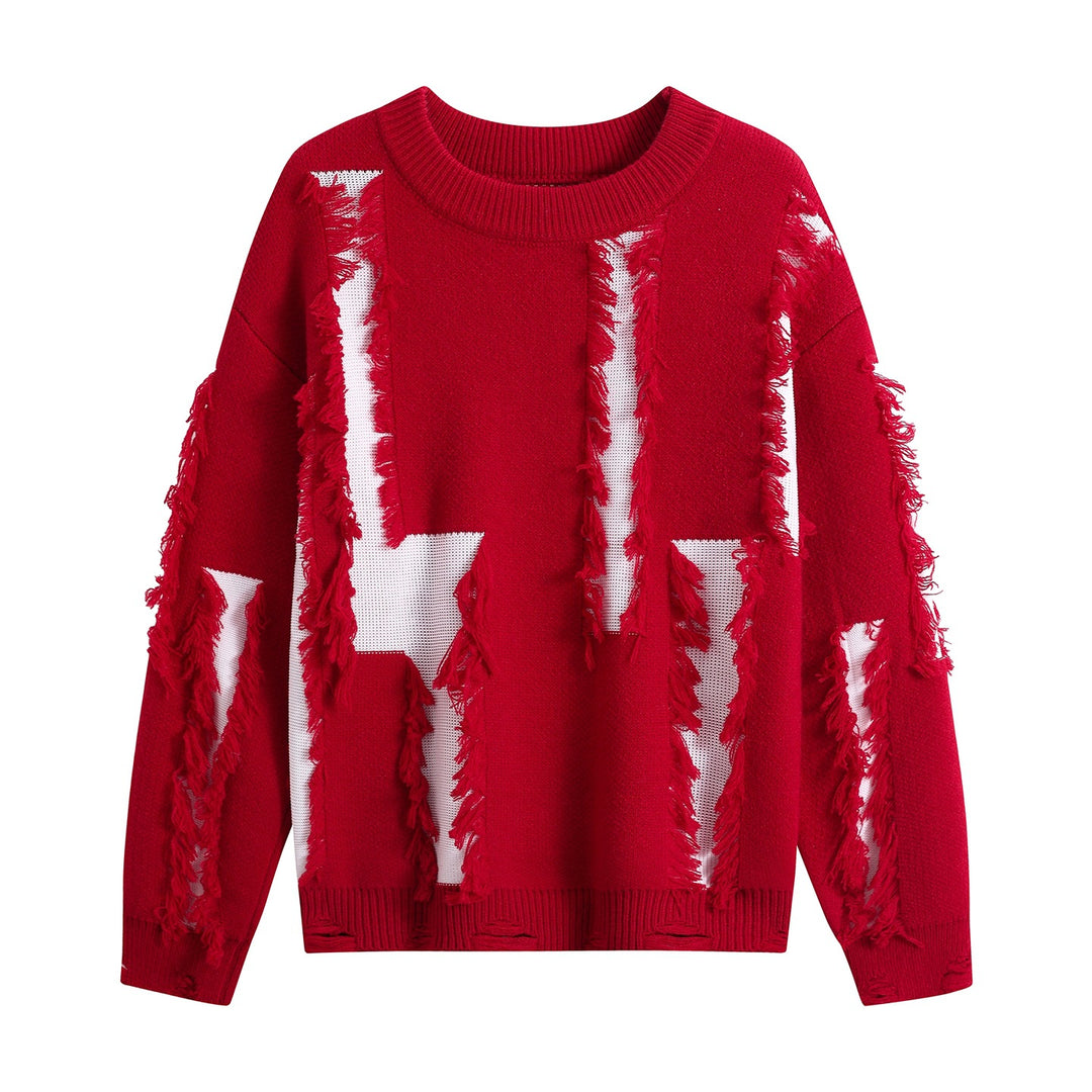 Damen Oversize Strickpullover mit Fransenapplikationen und Destroy-Look Echoarchiv