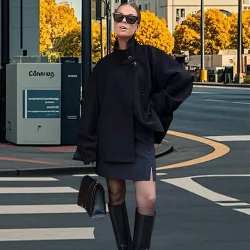 Damen Lässige Wolldecke-Jacke mit hohem Kragen und Knopfverschluss Echoarchiv
