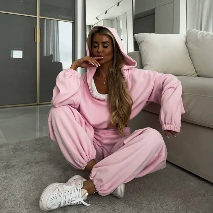 Damen Loose-Fit Freizeit-Set mit Zip-Kapuze und weitem Palazzo-Jogger – Avérine