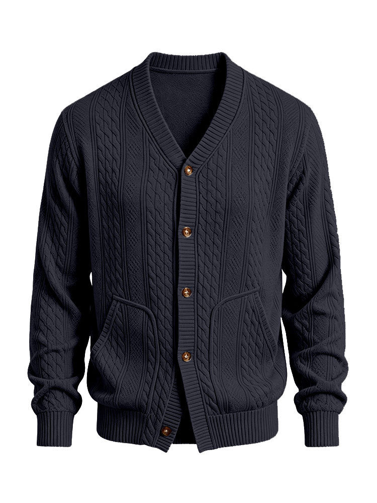 Herren Gestrickte Strickjacke mit Zopfmuster, V‑Ausschnitt und aufgesetzten Taschen – Taviero