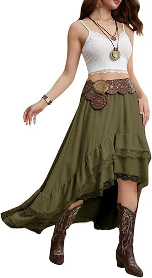 Damen Boho Maxi-Rock mit asymmetrischem Saum und Spitzenverzierungen Echo Archiv