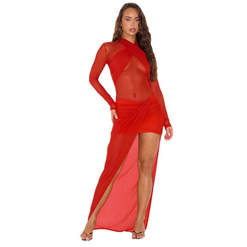 Damen Transparente Maxikleid mit Drapierungen und hochgeschlossenem Design Echo Archiv