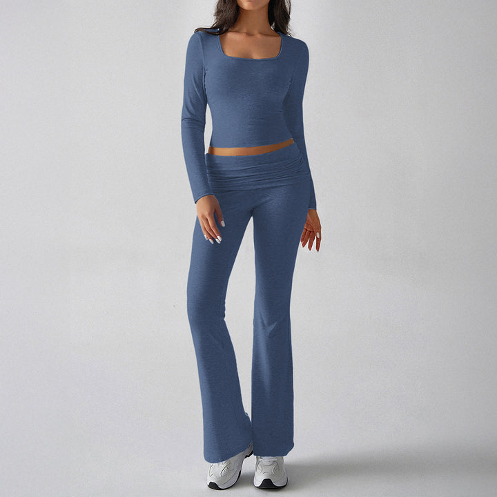 Damen figurbetontes Cropped-Set mit langärmeligem Top mit quadratischem Ausschnitt und ausgestellter High‑Waist Yoga-Hose – Avérine