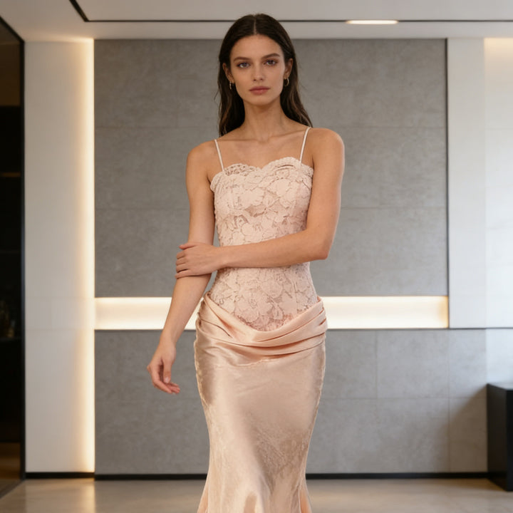 Damen Elegantes Abendkleid mit Spitzenoberteil und schwingendem Rock Echo Archiv