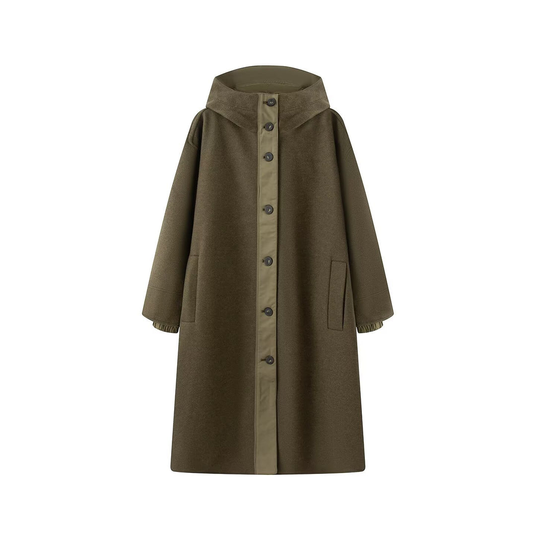 Damen Weicher Oversize Wollmix‑Mantel mit Kapuze und durchgehender Knopfleiste Echo Archiv