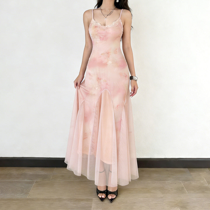 Damen elegantes Maxikleid aus transparenter Spitze und floralem Design Echo Archiv
