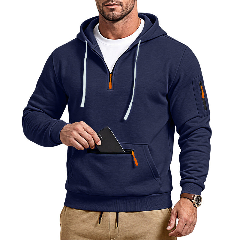 Herren sportlicher Kapuzenpullover mit halbem Reißverschluss und verschließbarer Kängurutasche – Cavarno
