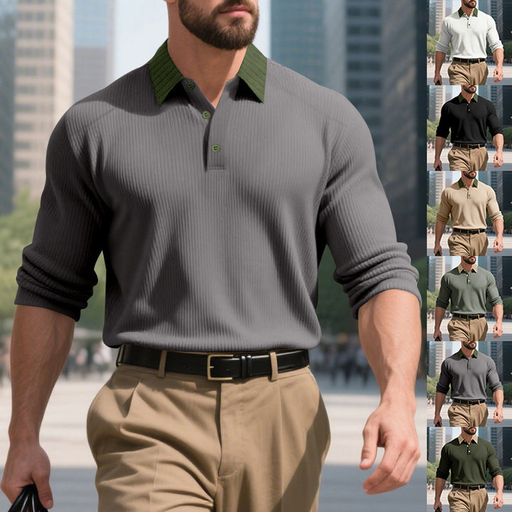 Herren elegantes Poloshirt mit strukturiertem Stehkragen und Knopfleiste Echoarchiv