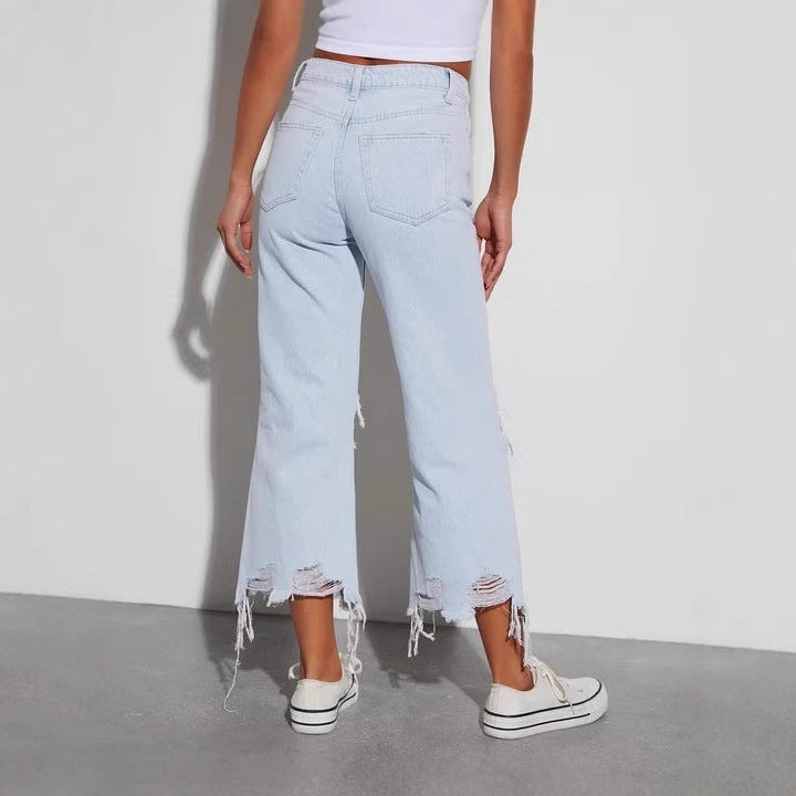 Damen nan cropped-weitjeans mit hoher Taille, ausgefranstem Saum und starkem Knee-Ripping Echo Archiv