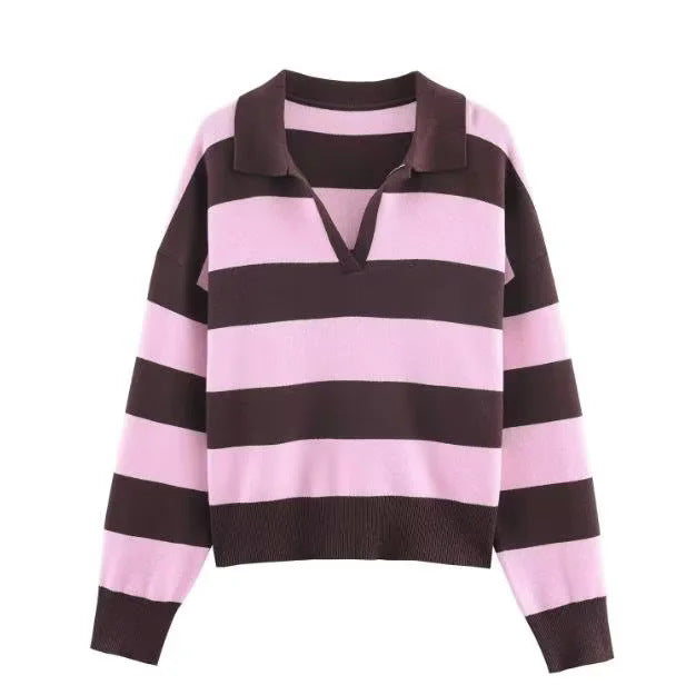 Damen nan oversized Rugby-Pullover mit Polokragen, V-Ausschnitt und breiten Streifen Echo Archiv