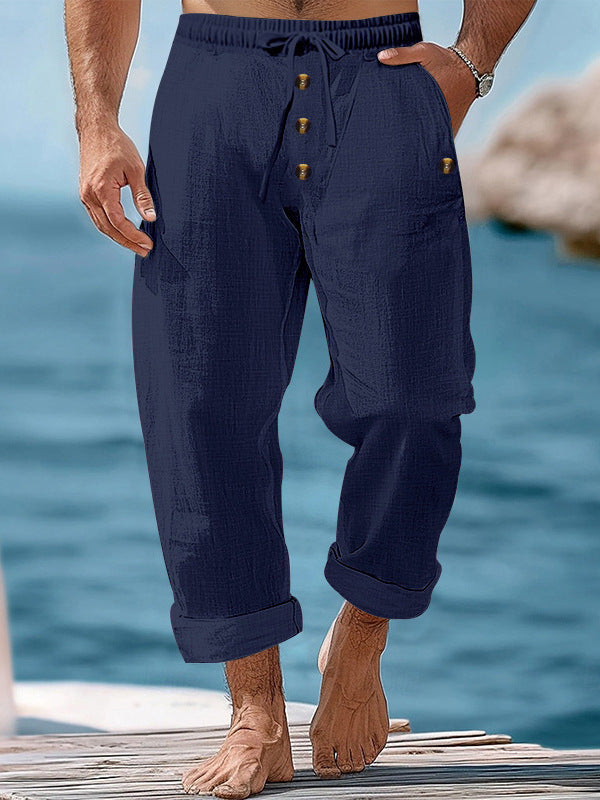Herren lässige Leinenhose mit verstellbarem Bund und funktionalen Taschen Echoarchiv