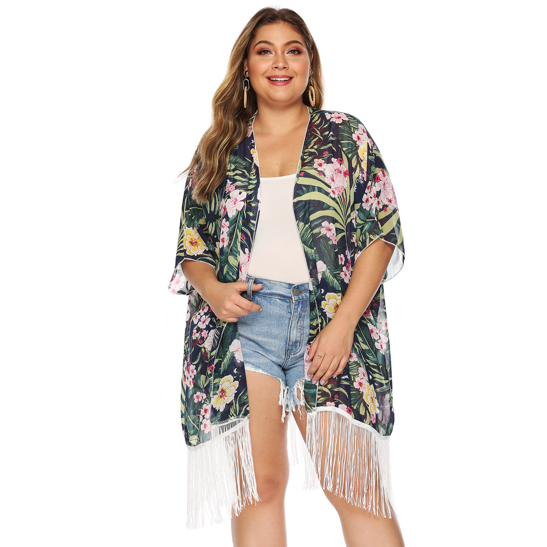 Damen luftiger Strandkimono mit fransigen Akzenten Echo Archiv