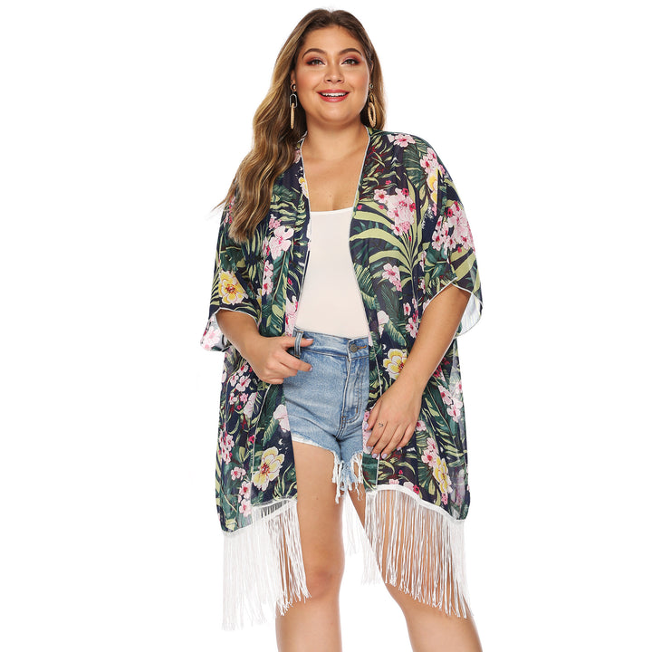 Damen luftiger Strandkimono mit fransigen Akzenten Echo Archiv