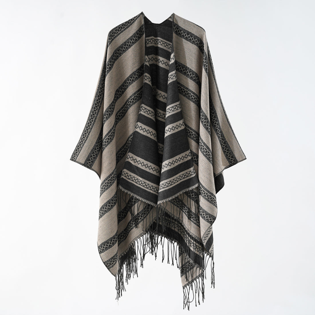 Damen Langer Webponcho im Cape-Stil mit Streifen-Jacquard und Fransen – Montévia