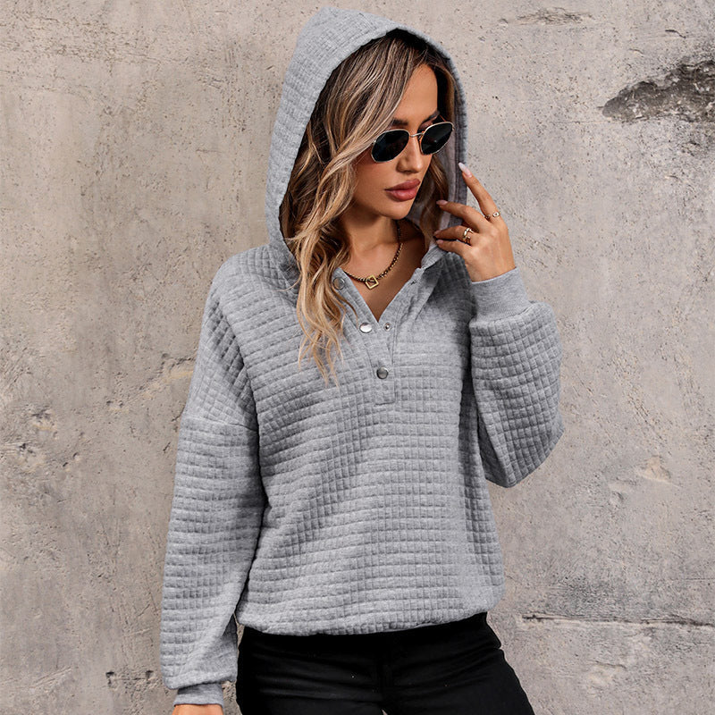 Damen Gestepptes Waffelstrick-Henley-Hoodie mit Druckknopfleiste Echoarchiv
